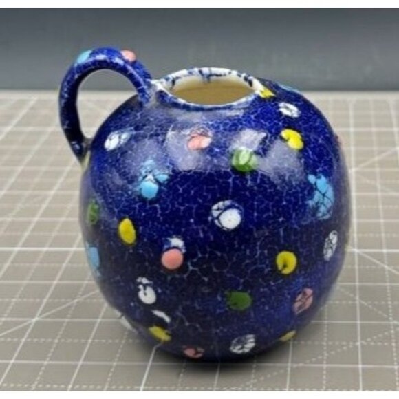 MCM Hand-Painted Blue Ceramic Jug Multicolor Polka Dot Splash - Picture 1 of 5